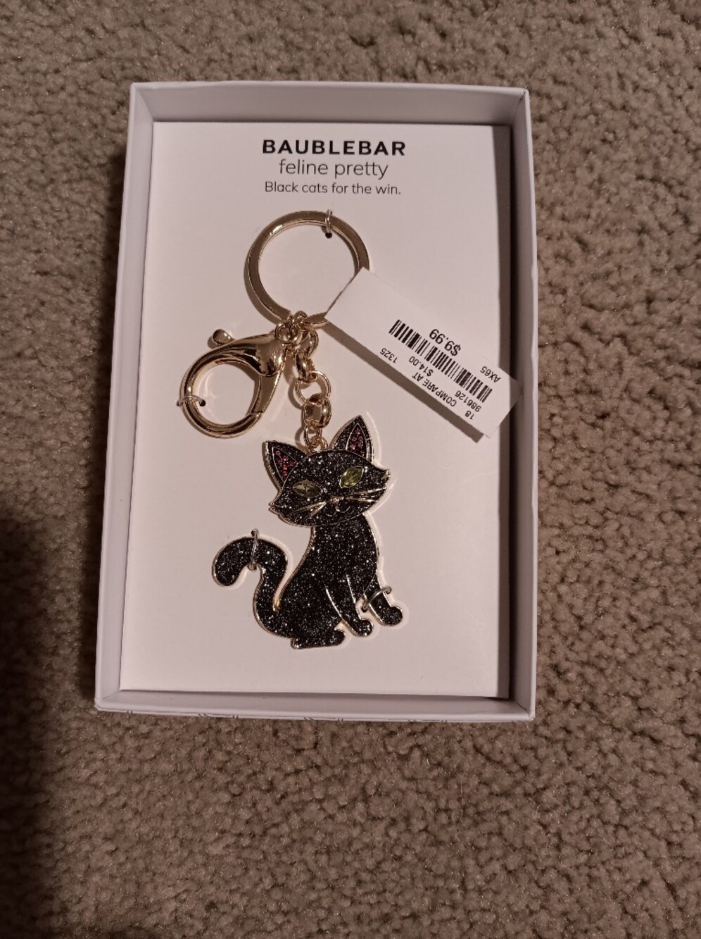 BAUBLEBAR Black Cat Keychain - Glittery Black Cat Charm. New1